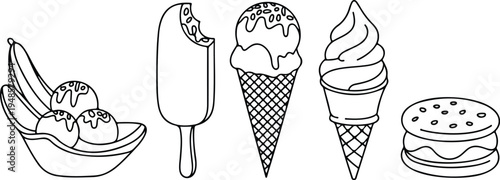 Set of ice cream line art icons showing banana split popsicle waffle cone and sandwich
