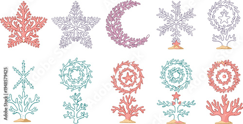 Set of creative coral vectors shaped as stars moon and snowflakes with decorative underwater reef plants in a hand drawn line art style isolated on white background.