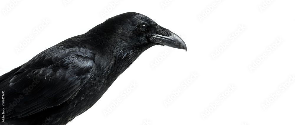 Naklejka premium Black raven bird portrait isolated on white background showing detailed feathers and beak for wildlife photography and nature design projects.