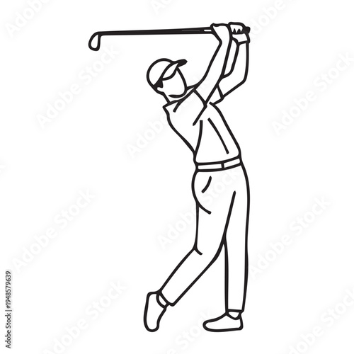 A black and white drawing of a man swinging a golf club Vector