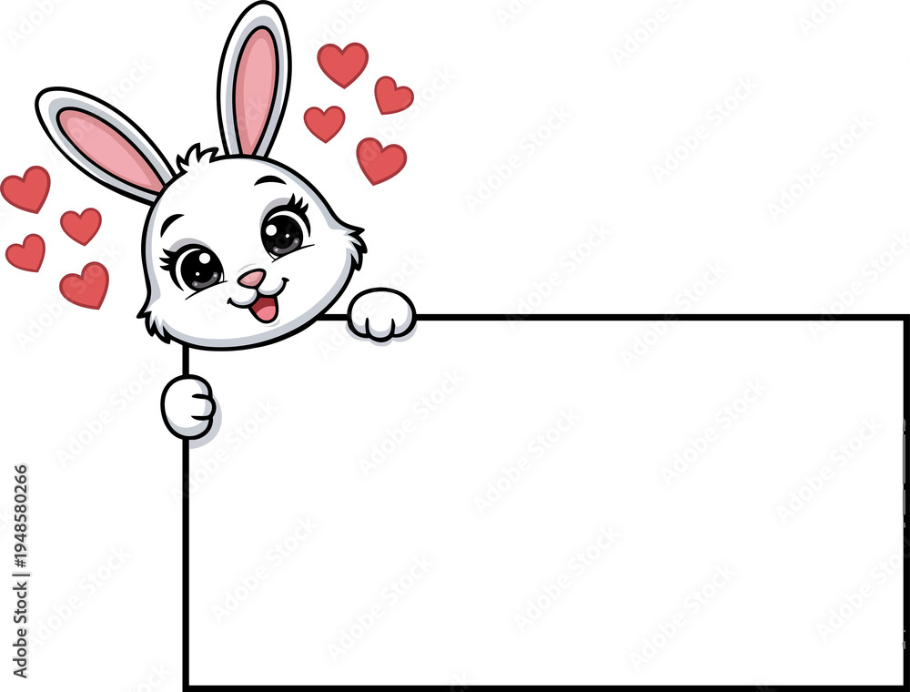 Obraz premium Cute white bunny holding a blank sign with floating red hearts