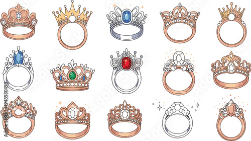 Set of elegant princess crown and tiara ring vectors with sparkling gemstones and ornate gold filigree details in a hand drawn decorative style isolated on white background.
