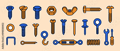 Assortment of Mechanical Fasteners: A comprehensive array of mechanical fasteners, presented in a neatly organized collection, each component crafted to precision. Highlighting the detail of screws.