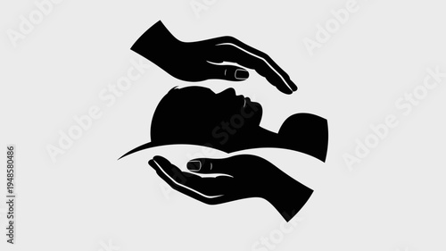 A minimalist vector graphic illustration of hands cradling a person's head and neck in a supportive and caring gesture.