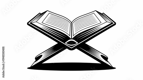 A black and white vector illustration of an open book with two crossed pens on a stand