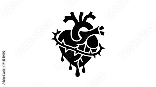 A black and white vector graphic illustration of a heart with barbed wire and blood