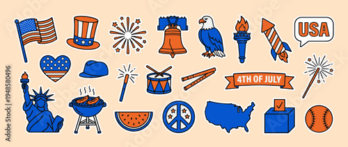 4th of July Icons: A collection of patriotic icons, each representing a symbol of the USA, meticulously arranged to evoke national pride. A diverse range of objects embodying the spirit of America.