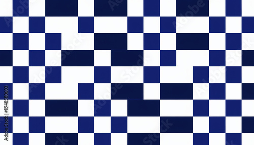 ネイビーブルーとホワイトの大胆な市松模様の和風シームレスパターン