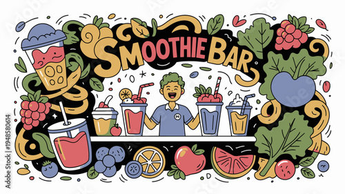 A colorful illustration of a smoothie bar with a happy chef surrounded by fresh fruits and vibrant drinks.