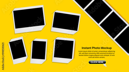 Instant Photo Mockup with Blank Polaroid Frames and Film Strip on Yellow Background – Retro Photography Collage Layout Template Vector Illustration