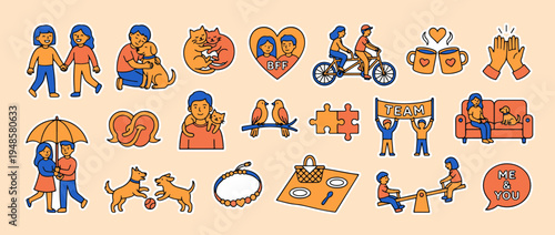 Love and Connection: a collection of diverse illustrations celebrating connection and affection, featuring various pairs engaged in activities that evoke a sense of warmth and togetherness.