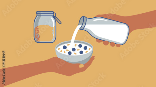Pouring milk cereal breakfast meal hands