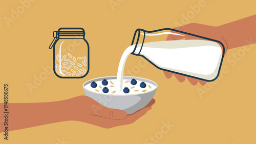 Pouring milk oatmeal breakfast