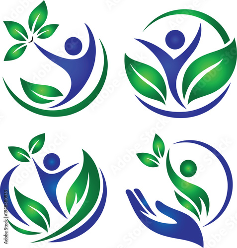 Creative health and wellness logo collection with human figure and green leaf concept. Perfect for healthcare, yoga, fitness, organic business, wellness center, eco lifestyle and natural therapy brand