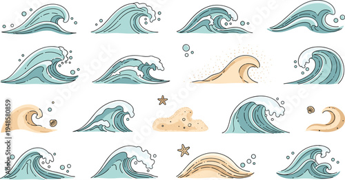 Set of hand drawn ocean wave vectors featuring blue sea splashes and sandy beach dunes with starfish elements in a rustic line art style isolated on white background.