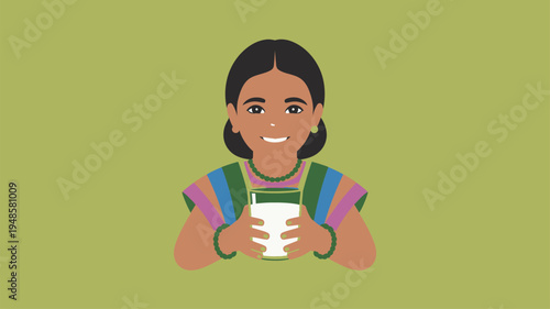 Woman in colorful attire holding milk glass