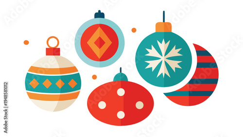 A group of five decorated Christmas ornaments with various geometric patterns and a snowflake design positioned on a plain white background.