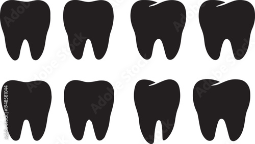 A collection of eight simple black tooth silhouette icons arranged in a clean grid for dentistry