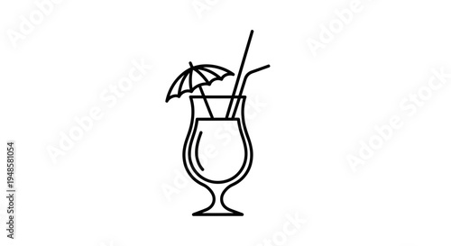 Summer Cocktail Icon: Tropical Drink with Umbrella and Straw, Line Art