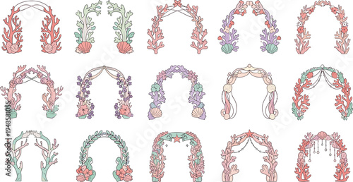 Set of elegant hand drawn coral arch vectors with decorative underwater reef frames and marine life elements in soft pastel colors isolated on white background.