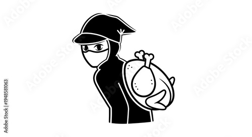 Thief in disguise stealing a roasted chicken, cartoon style