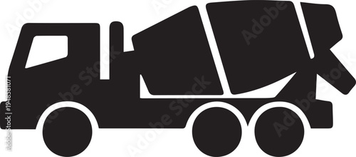 A minimalist black and white icon illustration of a heavy duty cement mixer construction truck