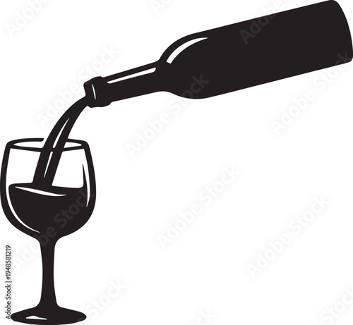 A minimalist black and white vector illustration of a wine bottle pouring liquid into a glass