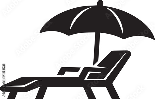A minimalist black silhouette icon of a lounge chair positioned under a wide open beach umbrella