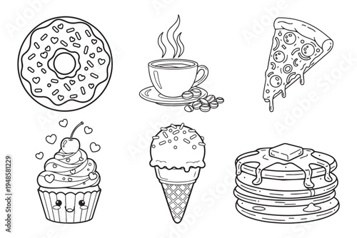 A variety of sweet and savory food items are shown in a line drawing style Vector