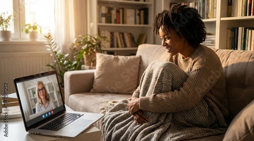 Thoughtful woman wrapped in a blanket on a sofa during a video call, warm sunlight and books create a calm home setting, mood feels reflective and intimate