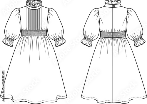 Vintage girls dress front and back view line art illustration with puff sleeves, ruffled collar and gathered waist classic children clothing sewing template