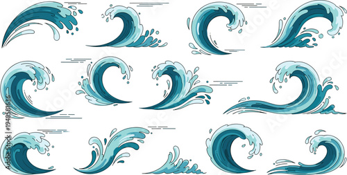 Set of stylized blue ocean wave vectors with curling crests and water splashes in a flat cartoon style isolated on white background for marine designs and summer surfing themes.