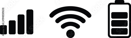 Collection of simple black vector icons representing signal strength wireless connectivity and battery level isolated on a white background