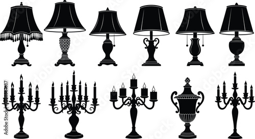 Vintage table lamps and ornate candelabras silhouette collection, classic decorative lighting fixtures vector set featuring antique lamp shades and elegant candle holders