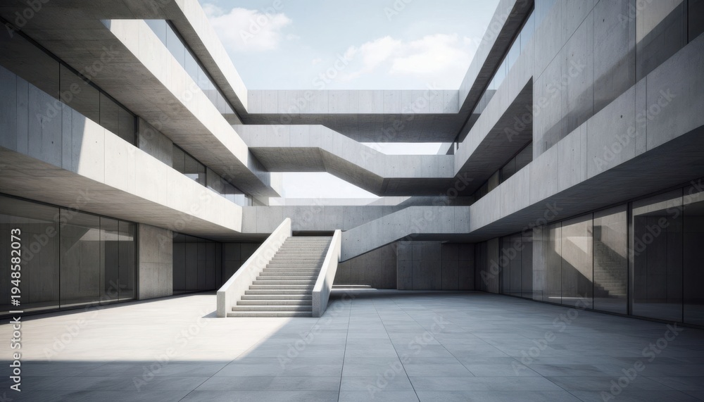 Fototapeta premium Modern minimalist architectural staircase in empty concrete building with natural light and clean lines for business and design