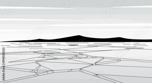 Minimalist Landscape: Cracked Ice Field with Distant Dark Mountain Silhouette