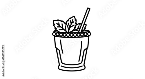 Minimalist line art of a cocktail glass with mint and straw, isolated on white background.