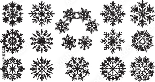 Collection of unique black snowflakes on white background illustration