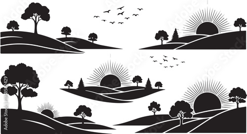 Serene landscape illustrations with rolling hills and trees silhouettes