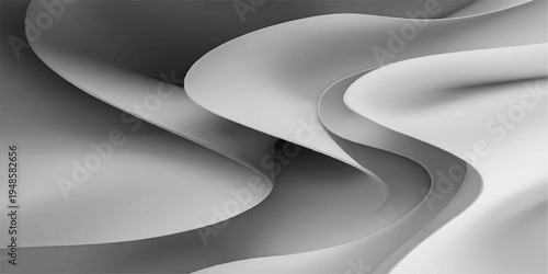 An abstract black and white vector background featuring 3d curved lines and motion waves that create a textured art pattern of light and path shapes
