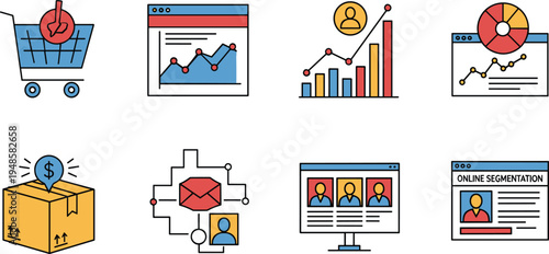 Collection of eight hand drawn modern flat ecommerce digital marketing and business analytics vector line icons