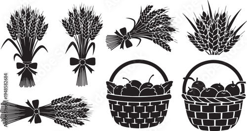 Harvest illustration with wheat bundles and baskets of apples