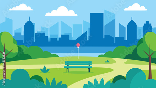 A green park bench on a grassy lawn with a walking path and a dark blue city skyline across water in the background.