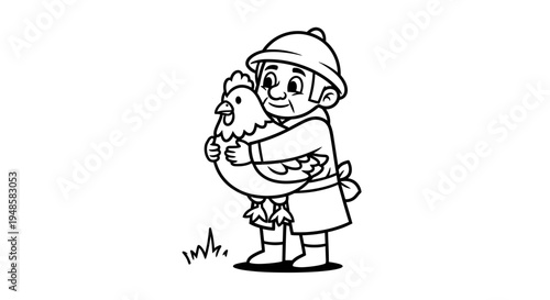 Farmer Hugging Chicken, Farm Animal, Rural Life, Cartoon Style