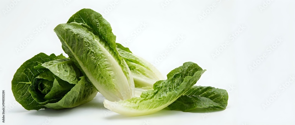 Fototapeta premium Fresh romaine lettuce leaves isolated on white background for healthy cooking and salad preparation.