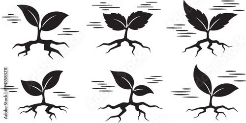 Black silhouettes of young plants growing in windy conditions