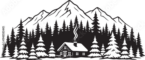 Cozy mountain cabin in snowy forest landscape illustration