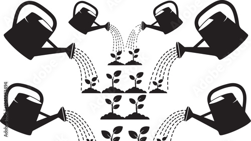 Watering cans pouring water on growing plants in garden