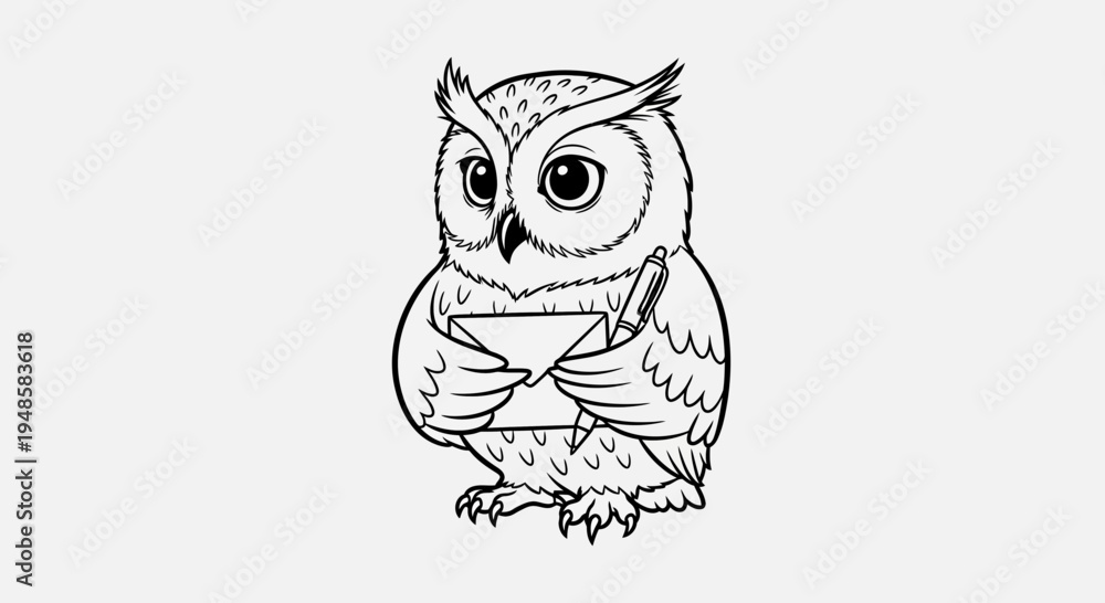 Obraz premium Cute Cartoon Owl Holding Letter and Pen, Black and White Illustration
