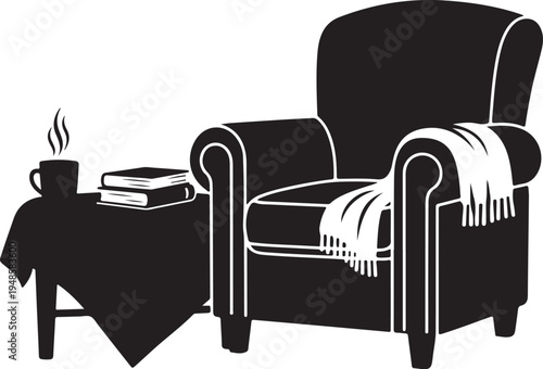 Cozy armchair with blanket and steaming cup of coffee